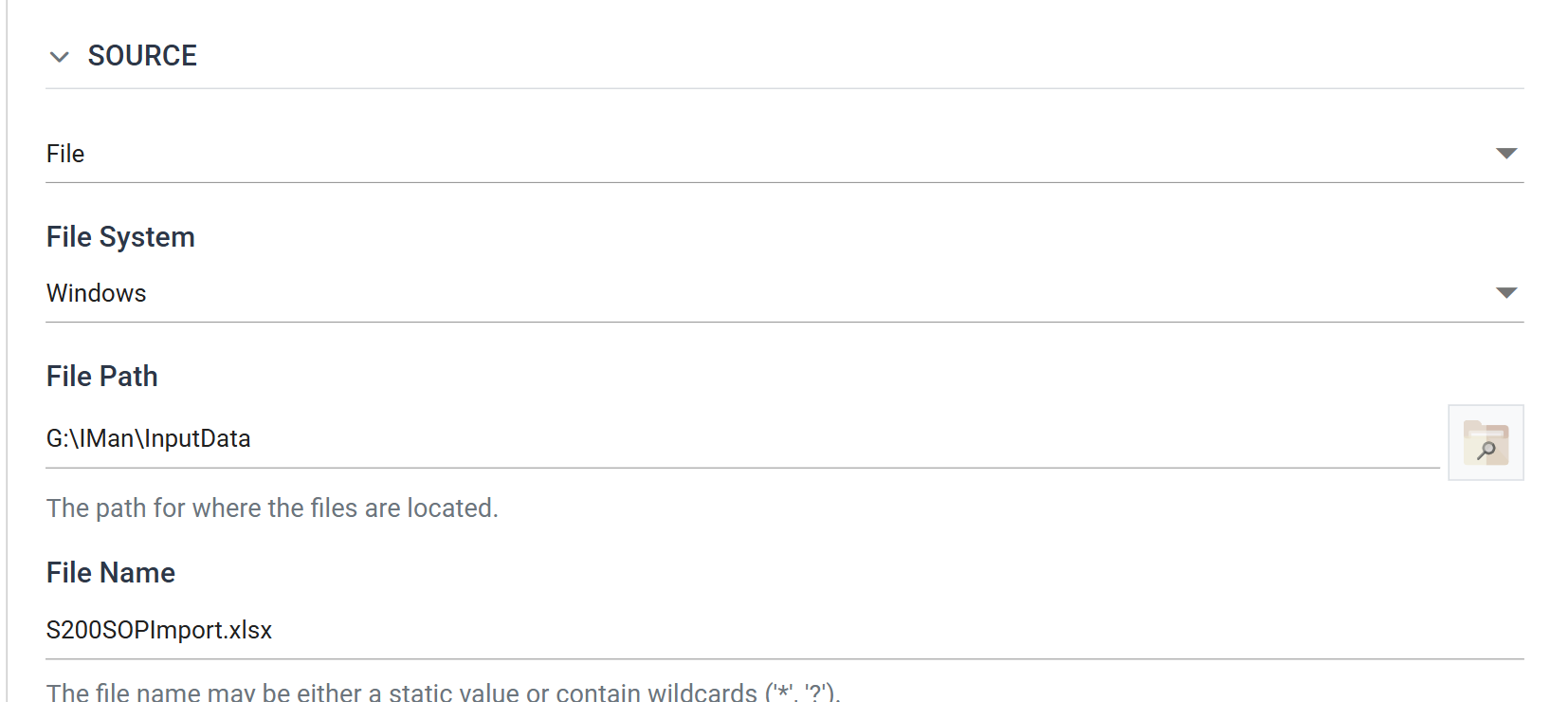 The reader's Setup tab, Source section: File, File System Windows, File Path G:\IMan\InputData, File Name S200SOPImport.xlsx