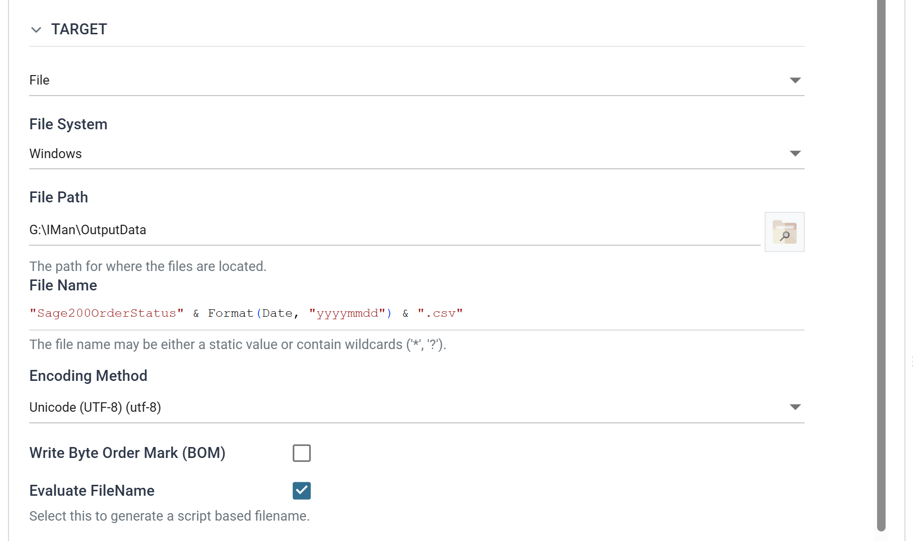 The CSV writer's Setup tab, Target section: File Path G:\IMan\OutputData, a File Name of "Sage200OrderStatus" & Format(Date, "yyyymmdd") & ".csv", UTF-8 encoding, and Evaluate FileName ticked