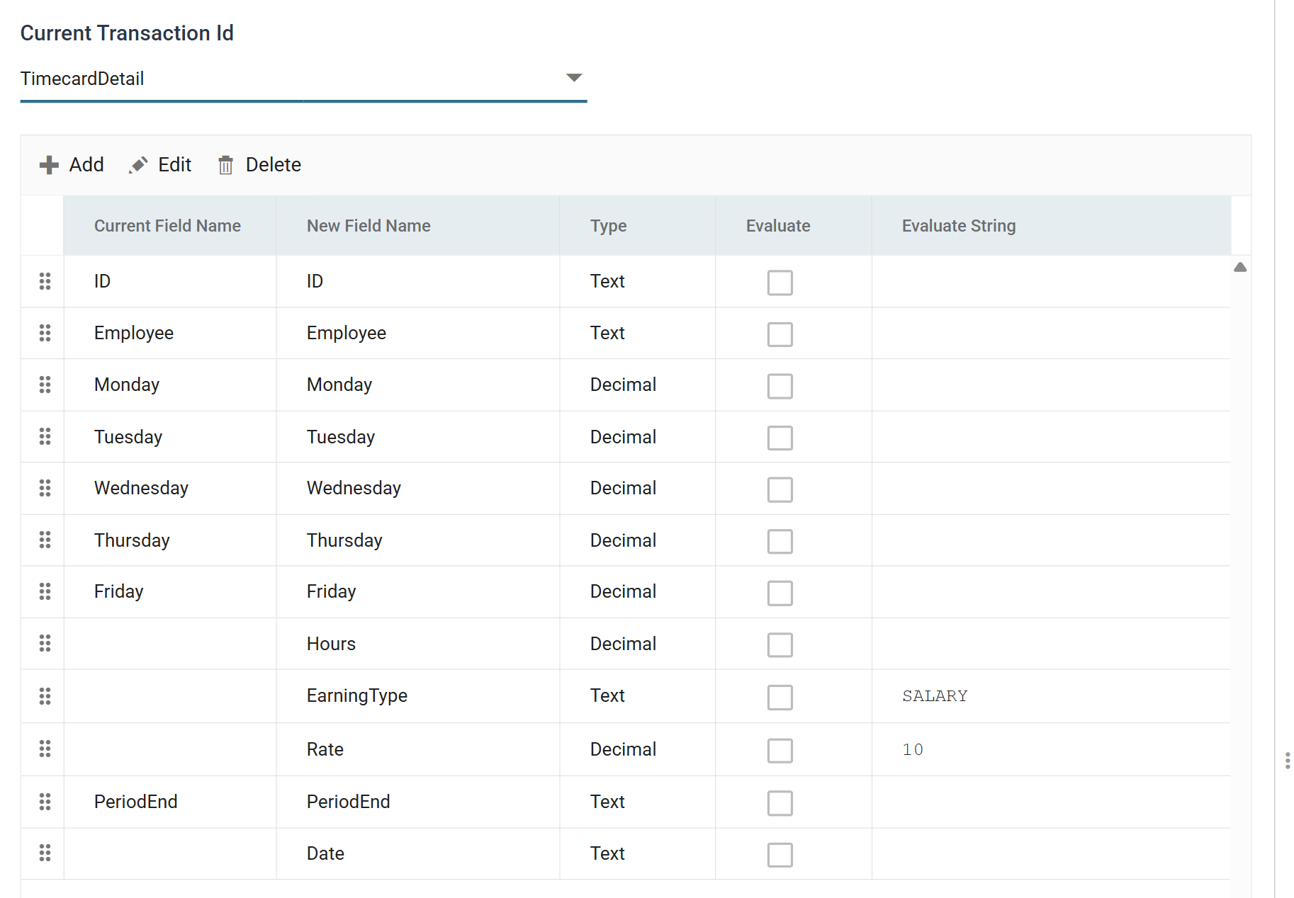The Map transform's Field Mapping tab with Current Transaction Id set to TimecardDetail: a grid of ID, Employee, the five weekday columns, then Hours, EarningType with the value SALARY, Rate with the value 10, PeriodEnd and Date