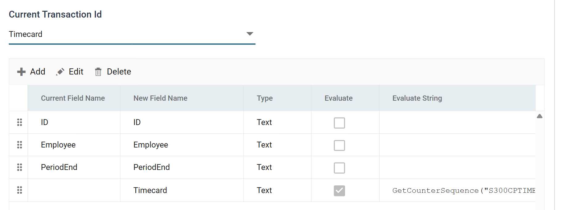 The Map transform's Field Mapping tab with Current Transaction Id set to Timecard: a grid of ID, Employee, PeriodEnd and Timecard, where Timecard alone has its Evaluate box ticked and an Evaluate String of GetCounterSequence("S300CPTIME")