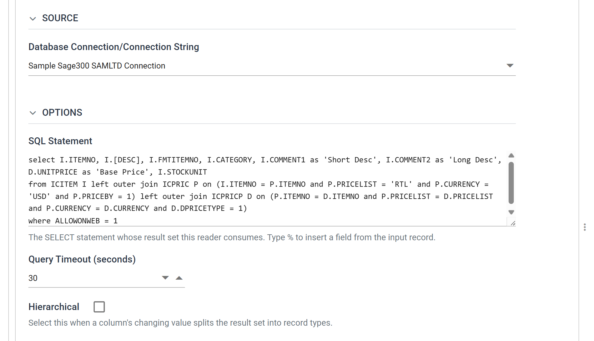 The database reader's Setup tab: Database Connection set to Sample Sage300 SAMLTD Connection, and an SQL Statement selecting item number, description, formatted item number, category, the two comment fields, unit price and stock unit from ICITEM outer joined to ICPRIC and ICPRICP, where ALLOWONWEB is 1