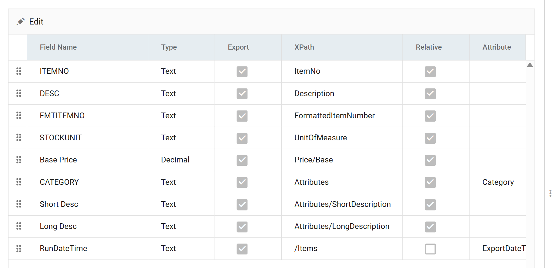 The XML writer's Field Mapping tab: a grid of Field Name, Type, Export, XPath, Relative and Attribute, mapping ITEMNO to ItemNo, DESC to Description, FMTITEMNO to FormattedItemNumber, STOCKUNIT to UnitOfMeasure, Base Price to Price/Base, CATEGORY to the Attributes element as the Category attribute, the two comment fields to Attributes/ShortDescription and Attributes/LongDescription, and RunDateTime to /Items as the ExportDateTime attribute with Relative unticked