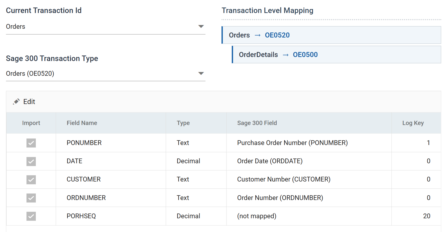 The connector's Field Mapping tab on the Orders transaction: a Transaction Level Mapping tree reading Orders to OE0520 with OrderDetails to OE0500 beneath it, and a field grid pairing PONUMBER with Purchase Order Number (PONUMBER), DATE with Order Date (ORDDATE), CUSTOMER with Customer Number (CUSTOMER), ORDNUMBER with Order Number (ORDNUMBER), and PORHSEQ with (not mapped)