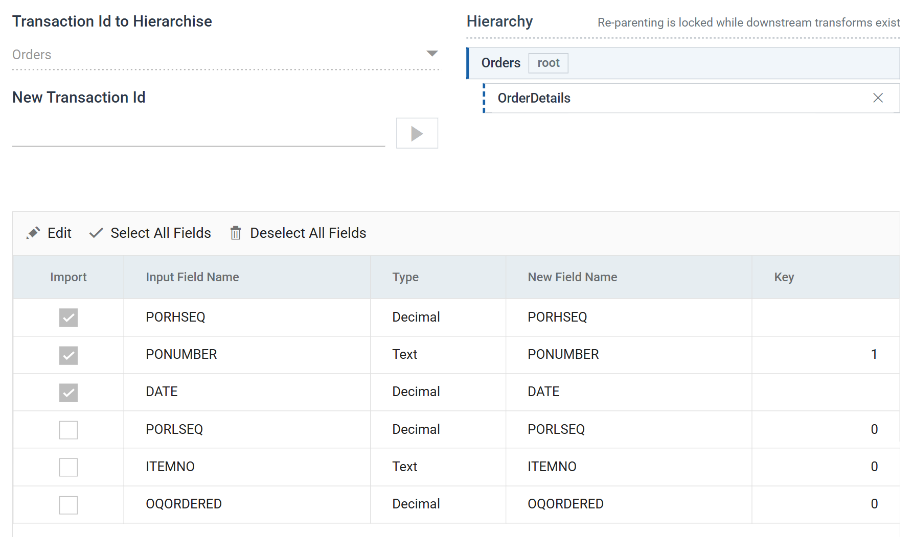 The Hierarchy transform's Field Mapping tab: Transaction Id to Hierarchise set to Orders, a Hierarchy tree showing Orders marked root with OrderDetails beneath it, and a field grid where PORHSEQ, PONUMBER and DATE are ticked for import, PONUMBER carries Key 1, and PORLSEQ, ITEMNO and OQORDERED are unticked