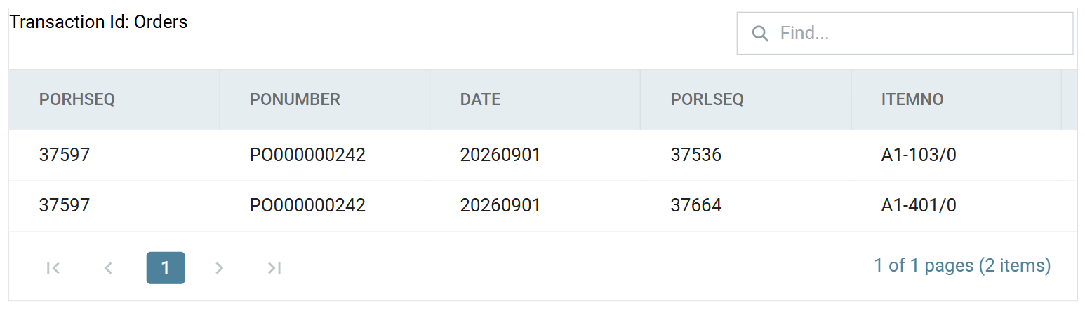 The reader's preview after a refresh: two rows, both PORHSEQ 37597 and PONUMBER PO000000242, with PORLSEQ 37536 and 37664 and item numbers A1-103/0 and A1-401/0