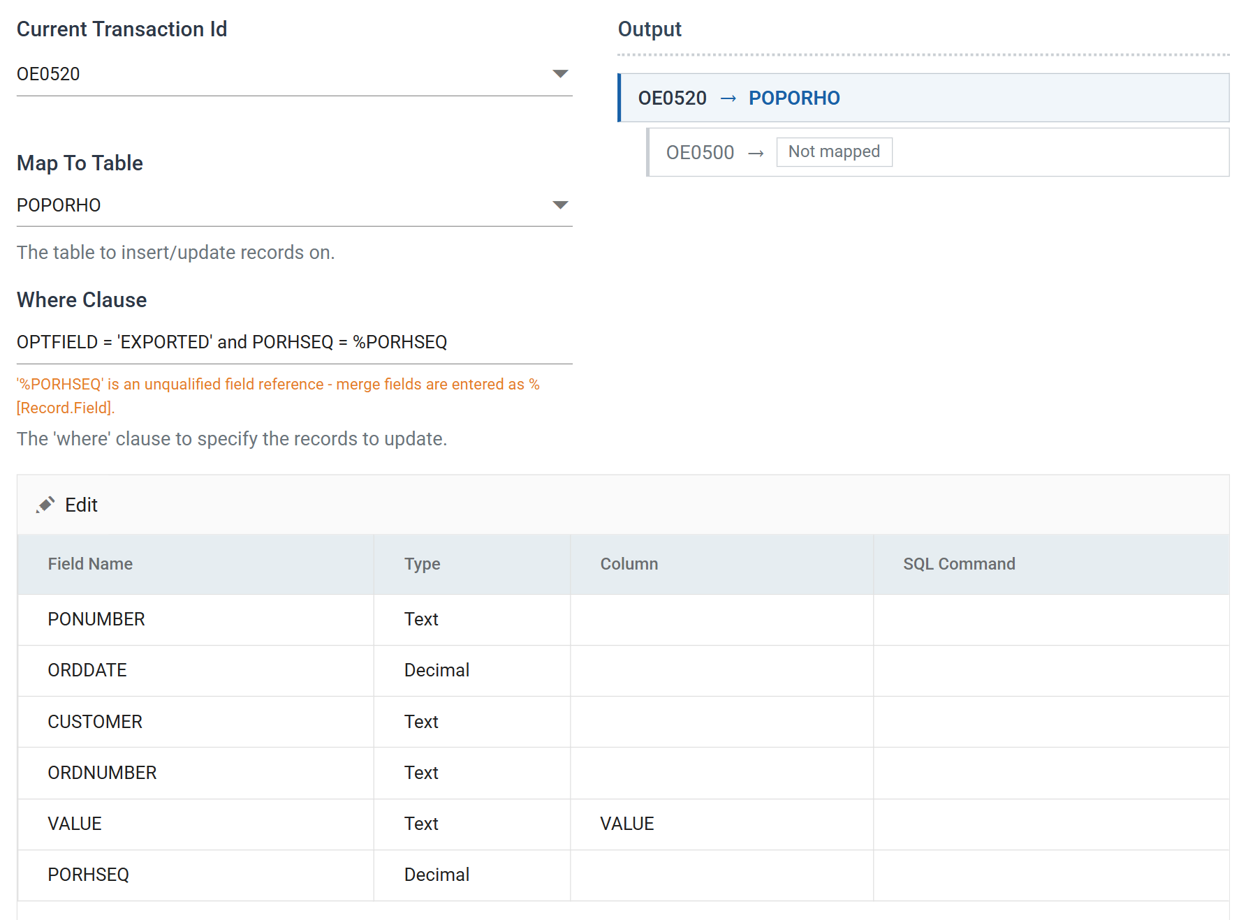 The writer's Field Mapping tab: Map To Table set to POPORHO, a Where Clause of OPTFIELD = 'EXPORTED' and PORHSEQ = %PORHSEQ, an Output tree reading OE0520 to POPORHO with OE0500 not mapped, and a field grid in which only VALUE is given a column