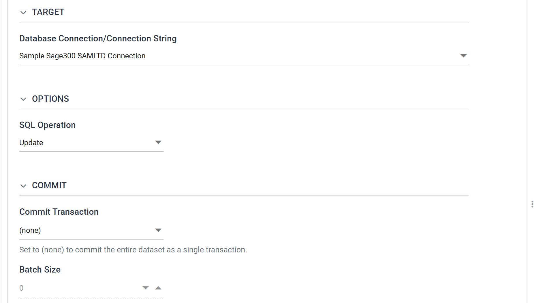 The database writer's Setup tab: Database Connection set to Sample Sage300 SAMLTD Connection, SQL Operation set to Update, Commit Transaction set to (none) and a Batch Size of 0