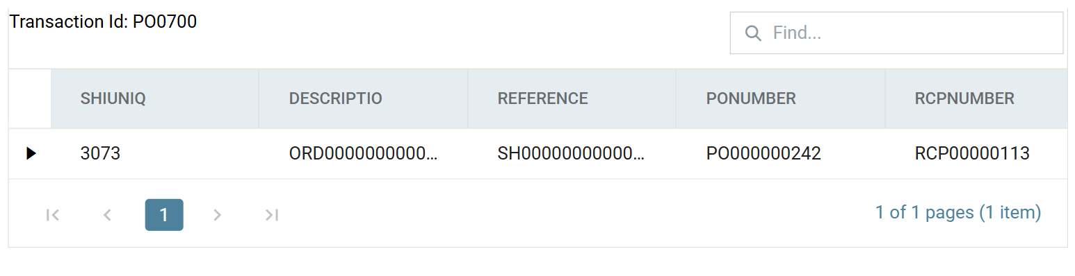 The connector's preview after a refresh: one PO0700 row with SHIUNIQ 3073, the order number in DESCRIPTIO, the shipment number in REFERENCE, PONUMBER PO000000242 and RCPNUMBER RCP00000113