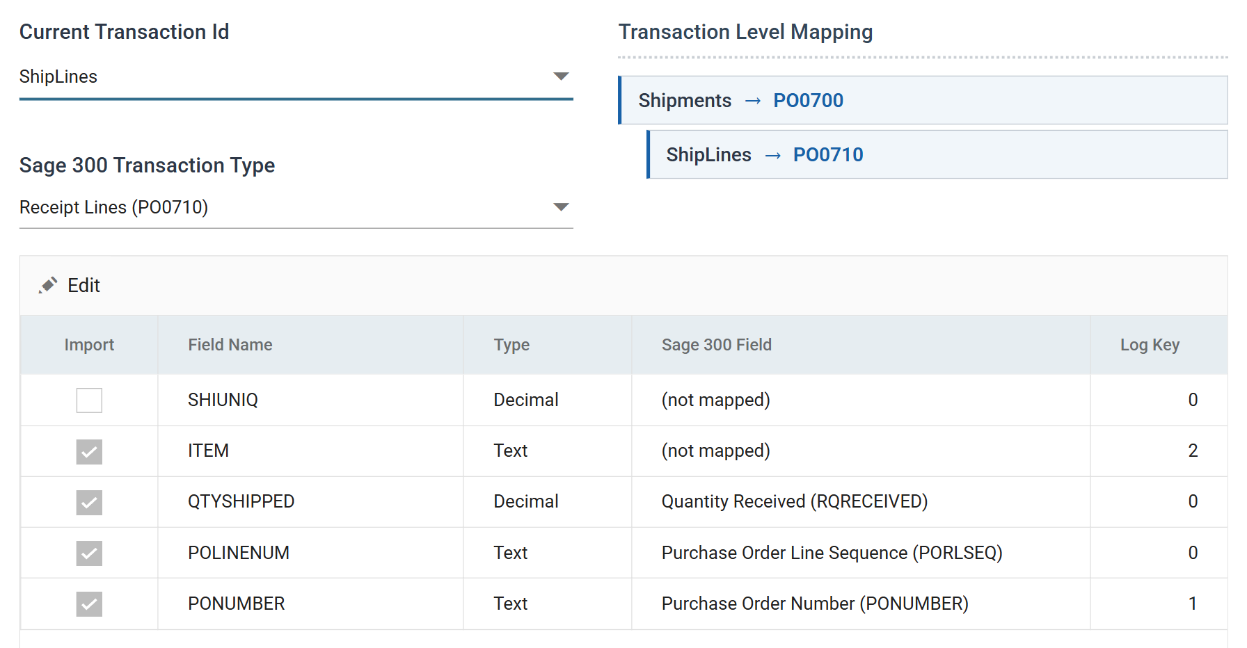 The connector's Field Mapping tab on the ShipLines transaction: POLINENUM mapped to Purchase Order Line Sequence (PORLSEQ), QTYSHIPPED to Quantity Received (RQRECEIVED), PONUMBER to Purchase Order Number (PONUMBER), and ITEM and SHIUNIQ not mapped
