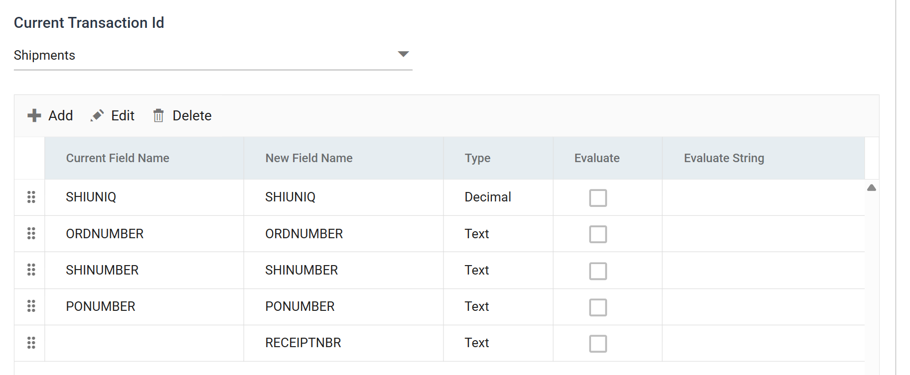 The Map transform's Field Mapping tab on the Shipments transaction: SHIUNIQ, ORDNUMBER, SHINUMBER and PONUMBER carried through, and RECEIPTNBR added with no value