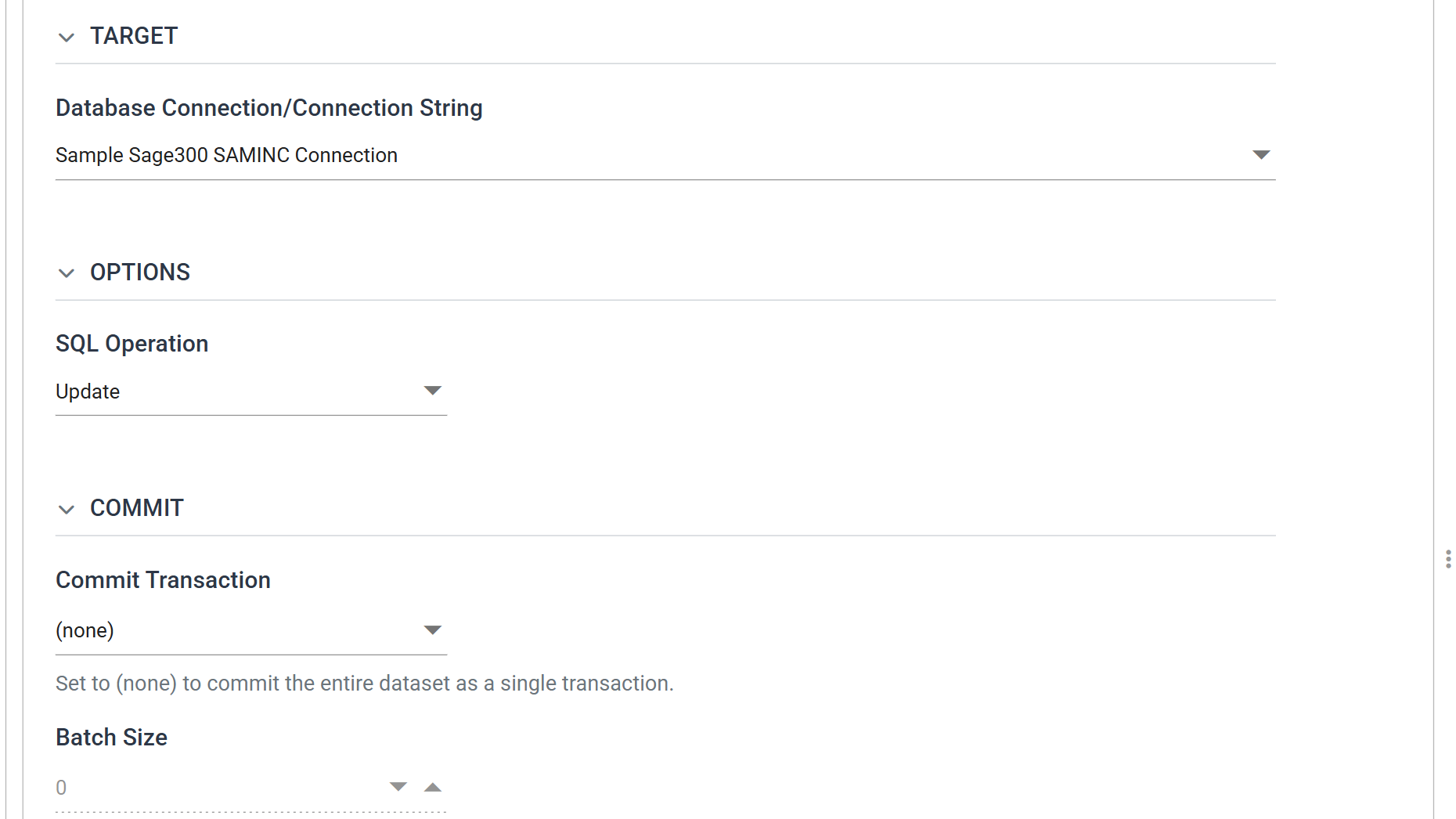The database writer's Setup tab: Database Connection set to Sample Sage300 SAMINC Connection, SQL Operation set to Update, Commit Transaction set to (none) and a Batch Size of 0