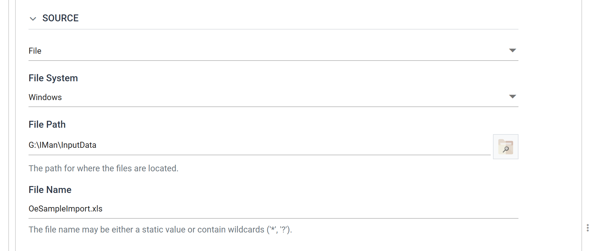 The reader's Setup tab, Source section: File, File System Windows, File Path G:\IMan\InputData, File Name OeSampleImport.xls