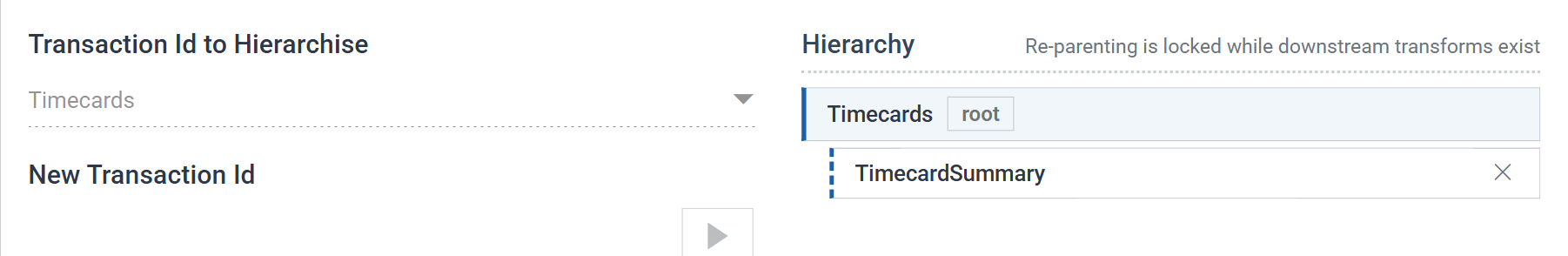 The Hierarchy transform's Field Mapping tab: Transaction Id to Hierarchise set to Timecards on the left, and on the right a Hierarchy tree showing Timecards marked root with TimecardSummary indented beneath it