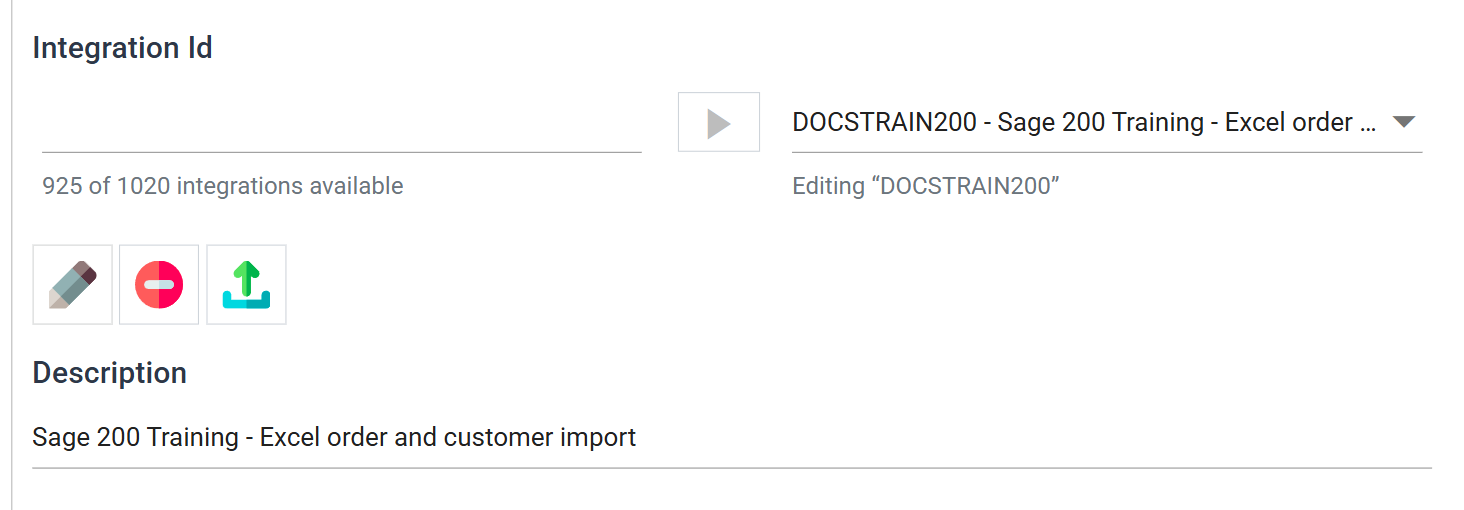 The saved integration: the drop-down now reads DOCSTRAIN200 followed by its description, and the panel below reports Editing DOCSTRAIN200