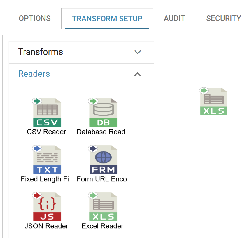 The Transform Setup tab with the Readers palette open, and an Excel Reader dropped onto the design surface