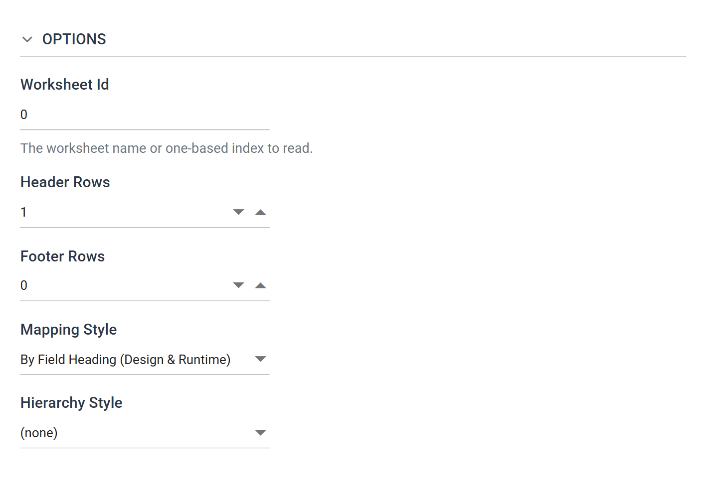 The Options section: Worksheet Id, Header Rows, Footer Rows, Mapping Style and Hierarchy Style