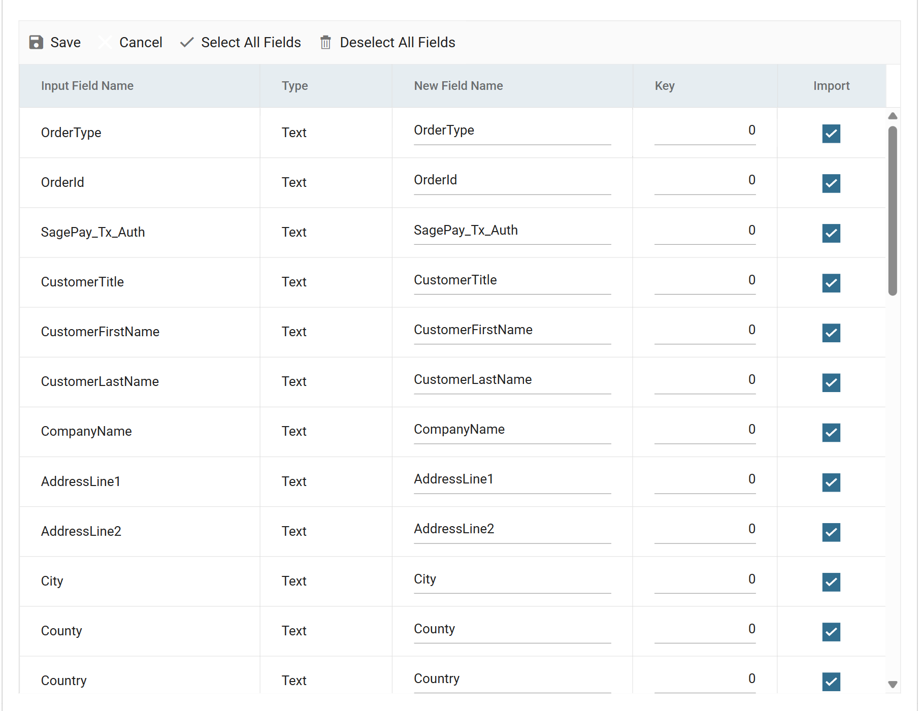 The header field list in edit mode, scrolled to the top, with every field ticked in the Import column