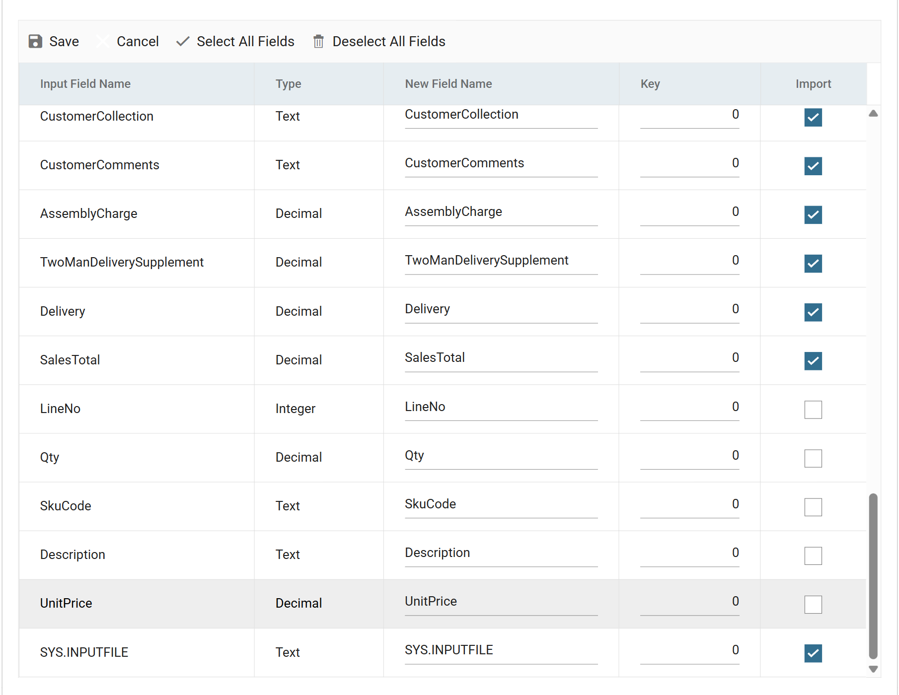The end of the header field list, with Import unticked for LineNo, Qty, SkuCode, Description and UnitPrice
