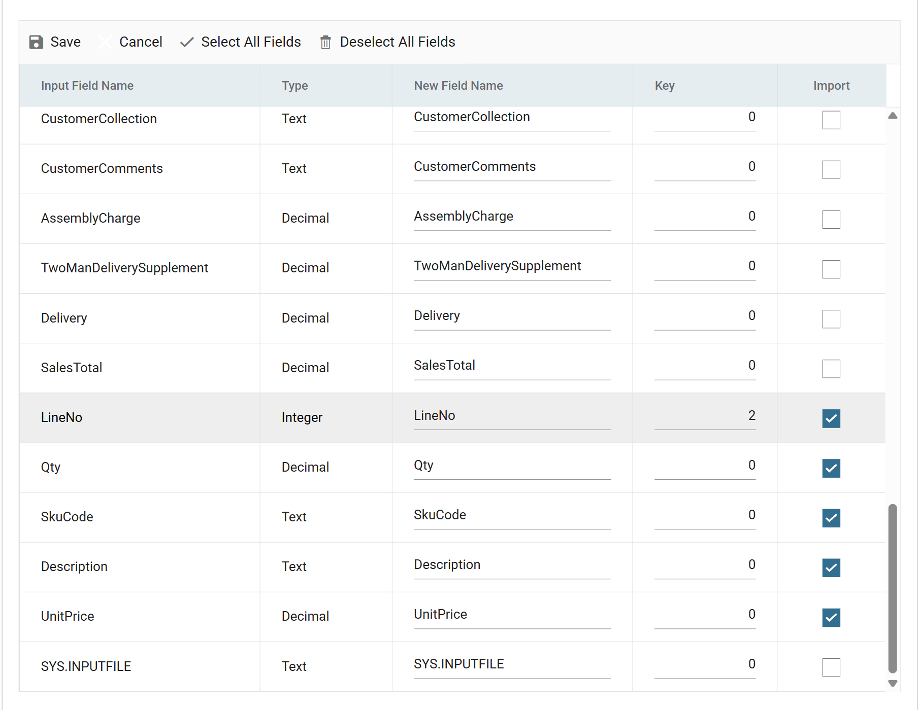 The end of the detail field list, with the five line fields ticked and LineNo keyed 2
