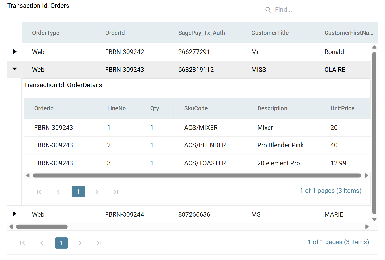 The preview showing an Orders row expanded to reveal its OrderDetails records