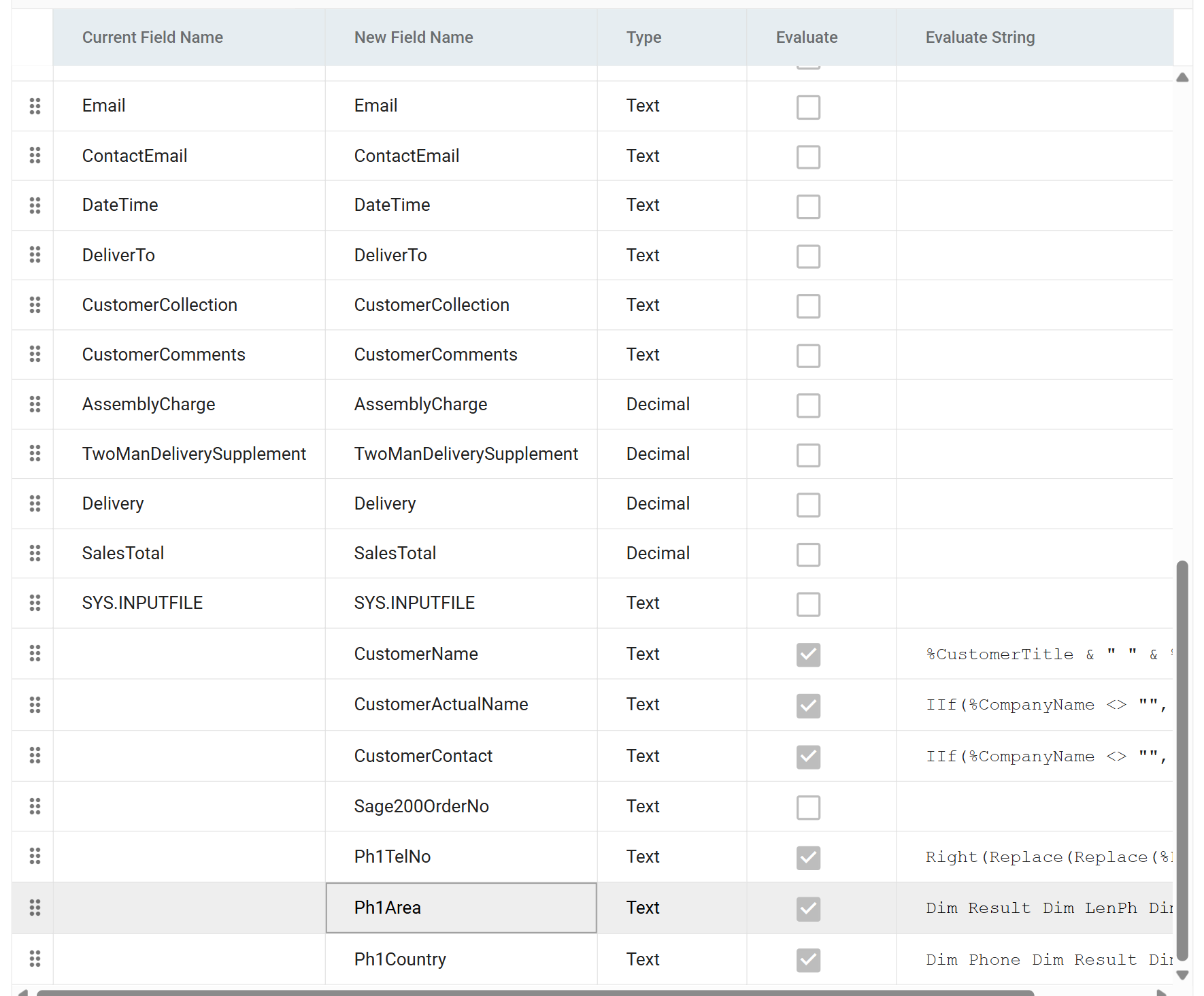 The field grid scrolled to the end, showing the seven new fields below SYS.INPUTFILE with their Evaluate ticks and formulas