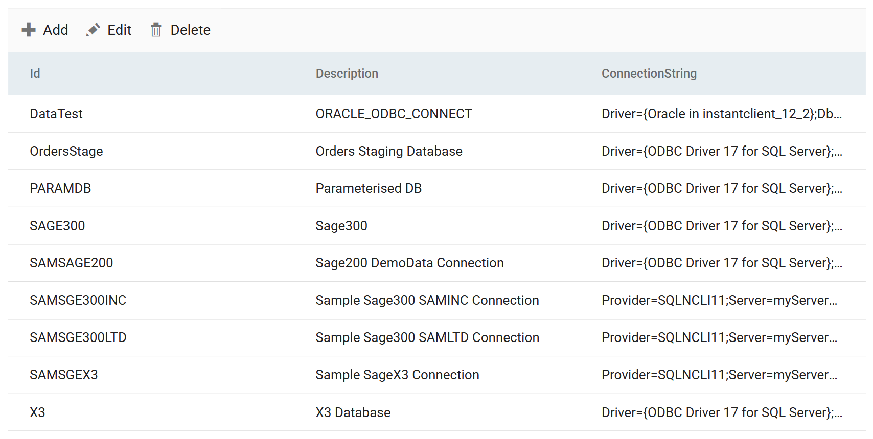 The Database Connections list, showing the Sage200 DemoData Connection among the sample connections