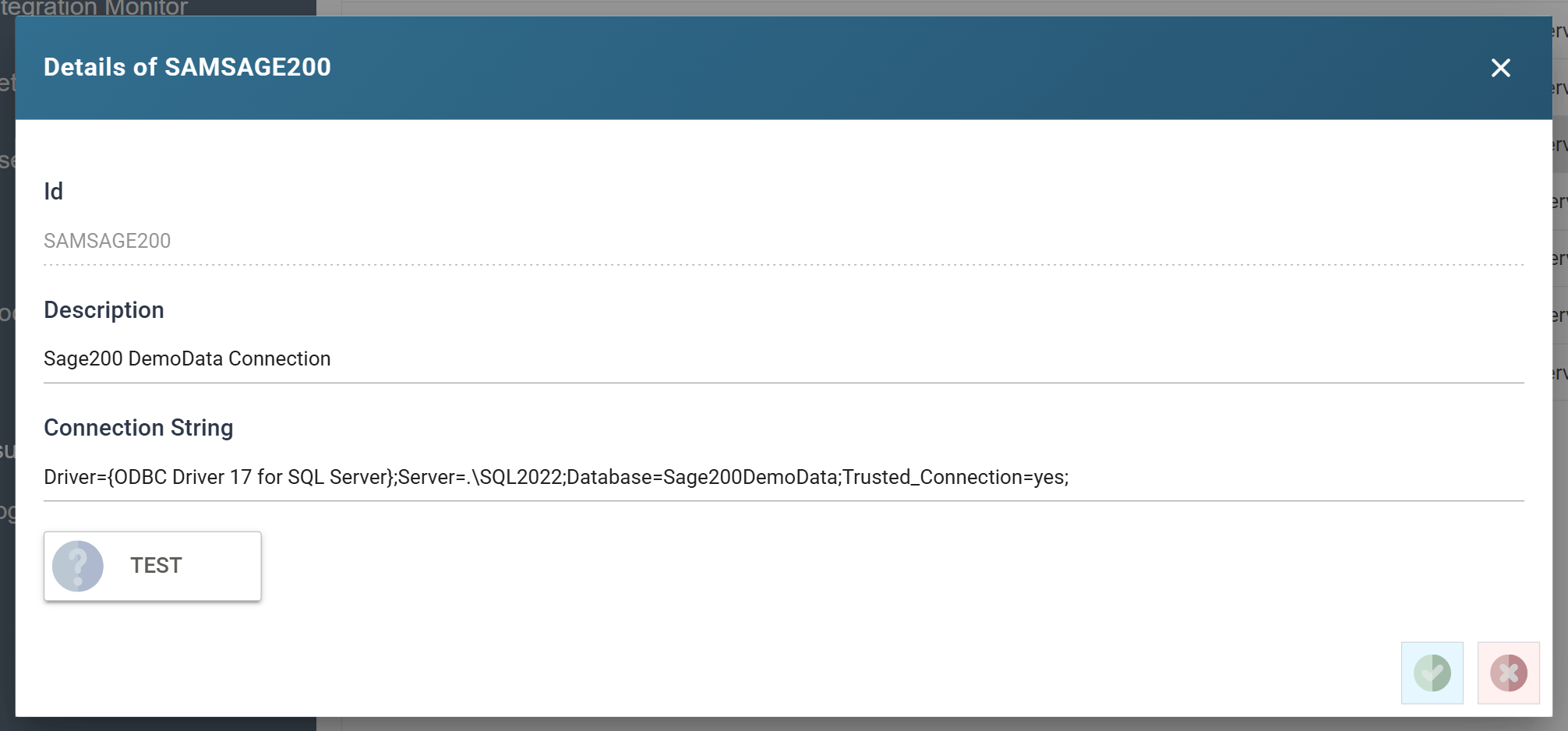 The connection editor showing the Id, Description and ODBC connection string