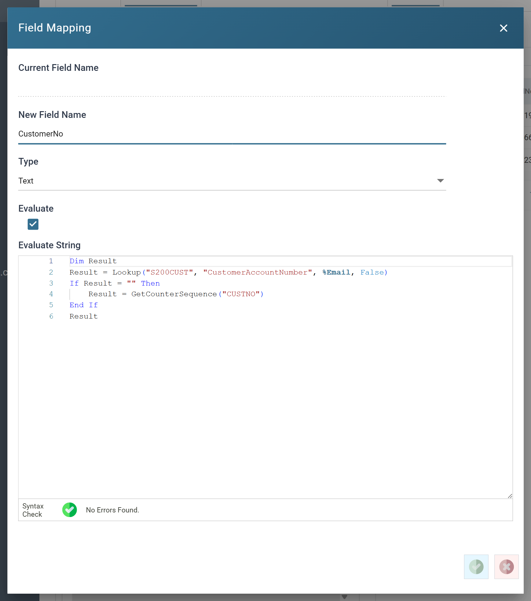 The Field Mapping dialog for CustomerNo, containing the full formula with the counter fallback