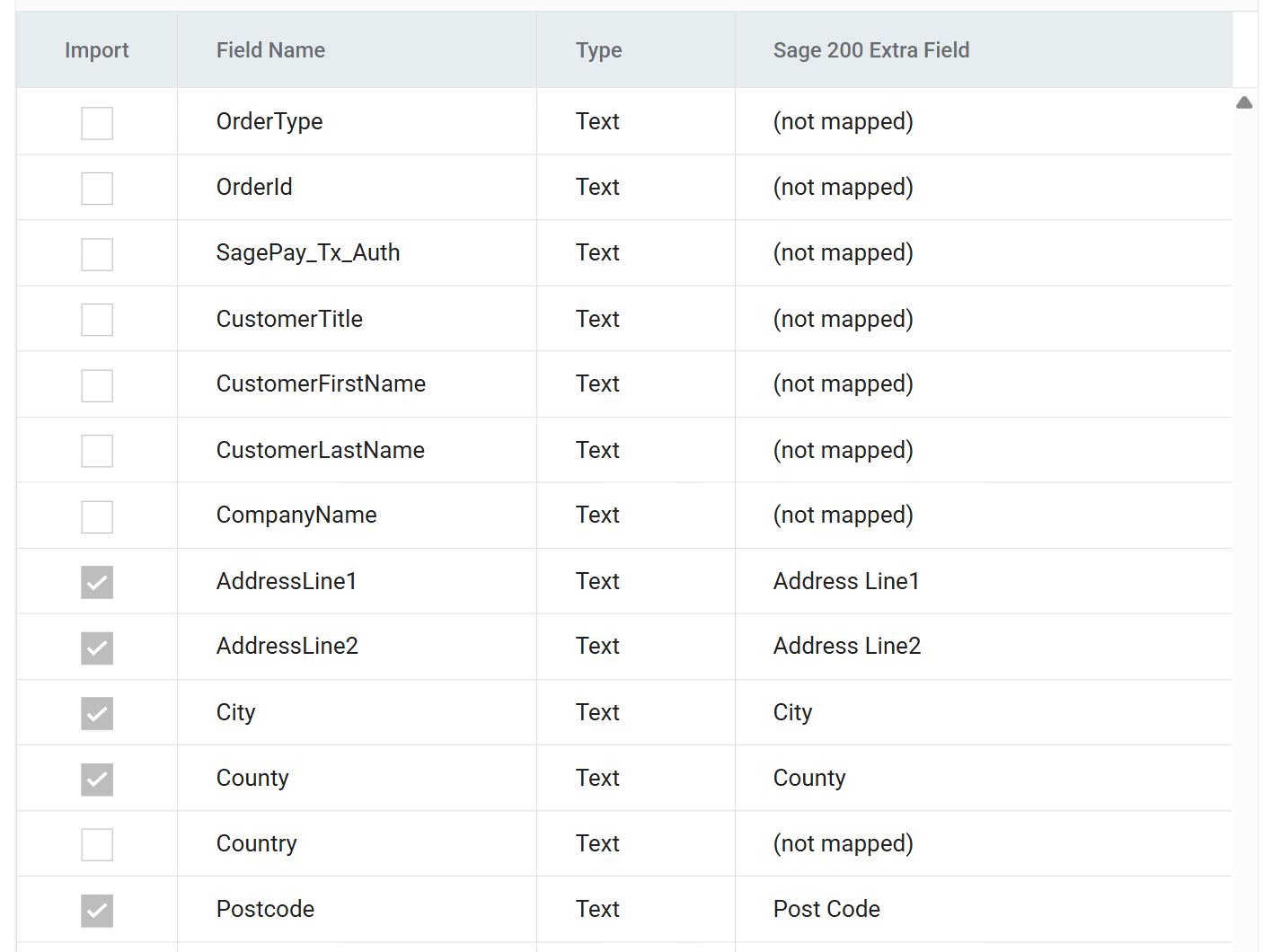 The top of the field grid after saving, with Import ticked and a Sage 200 field set on the address rows and (not mapped) on the rest