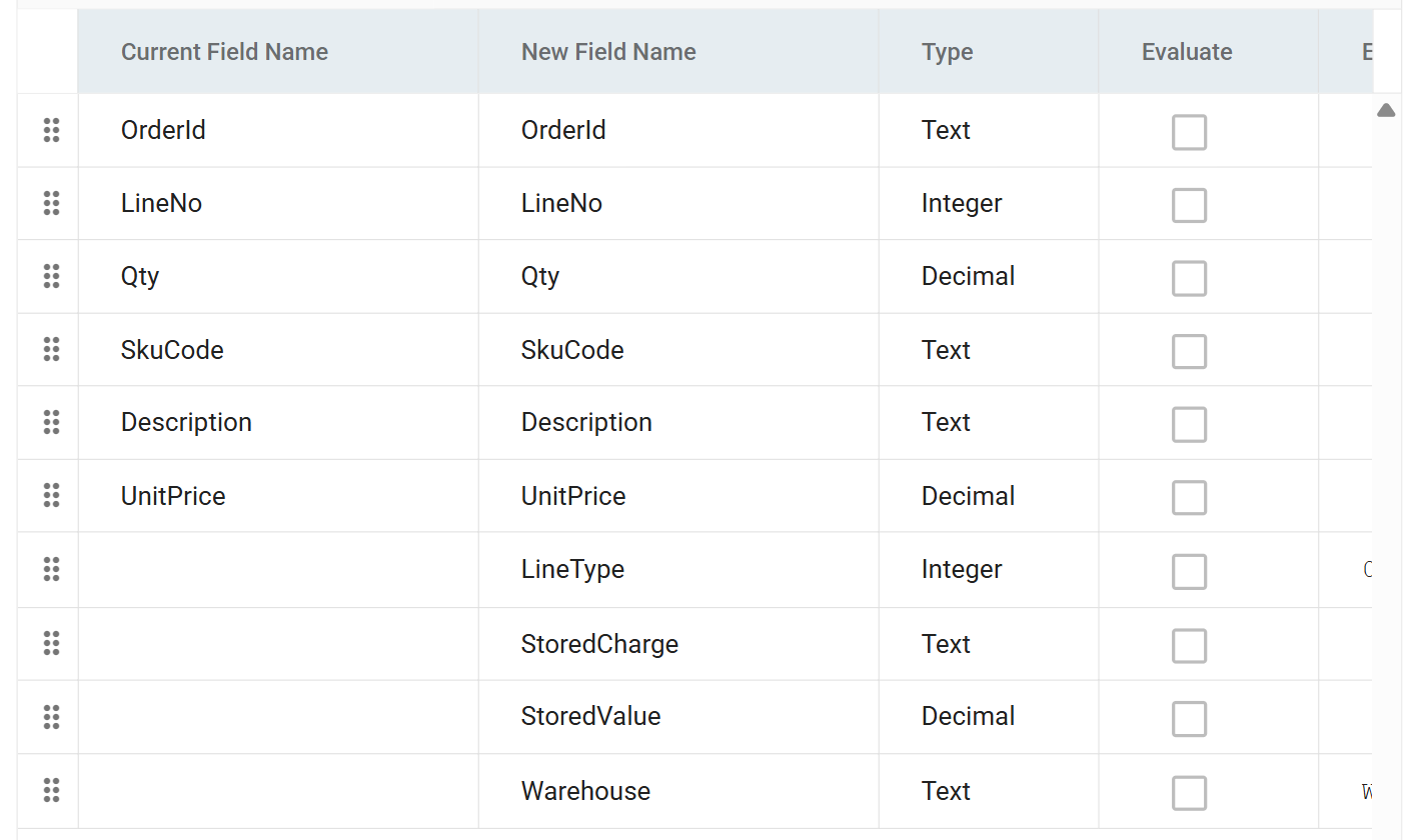 The OrderDetails field list showing LineType, StoredCharge, StoredValue and Warehouse added after UnitPrice, with their types