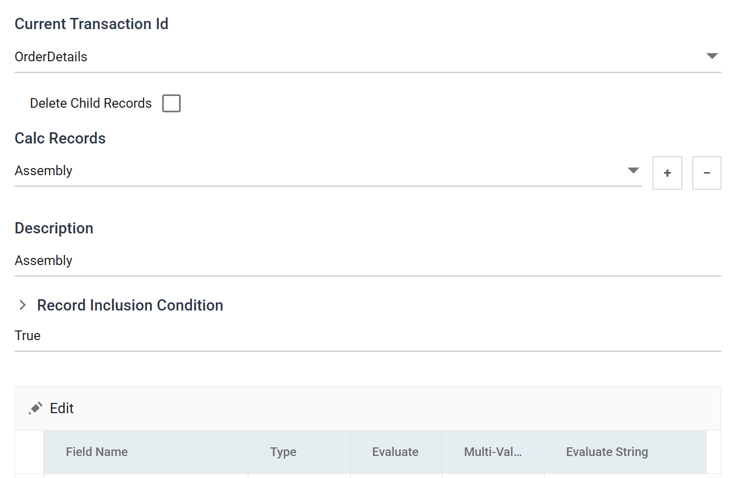 The Aggregate's Field Mapping tab, showing Current Transaction Id set to OrderDetails, the Calc Records drop-down with its add and delete buttons, the Description, and the Record Inclusion Condition