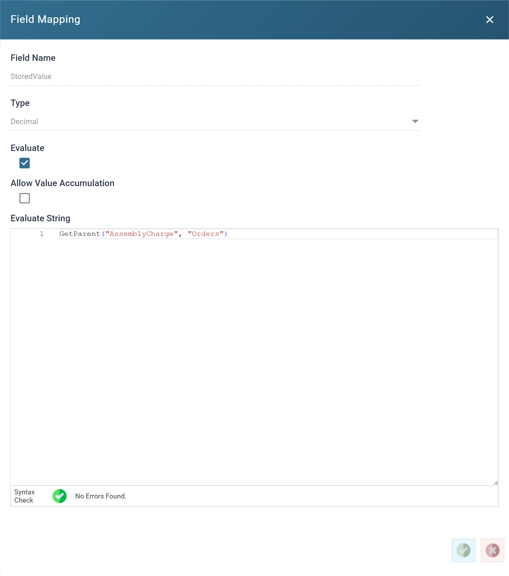 The Field Mapping dialog for StoredValue on the Assembly calc record, with Evaluate ticked and the GetParent formula in the Evaluate String