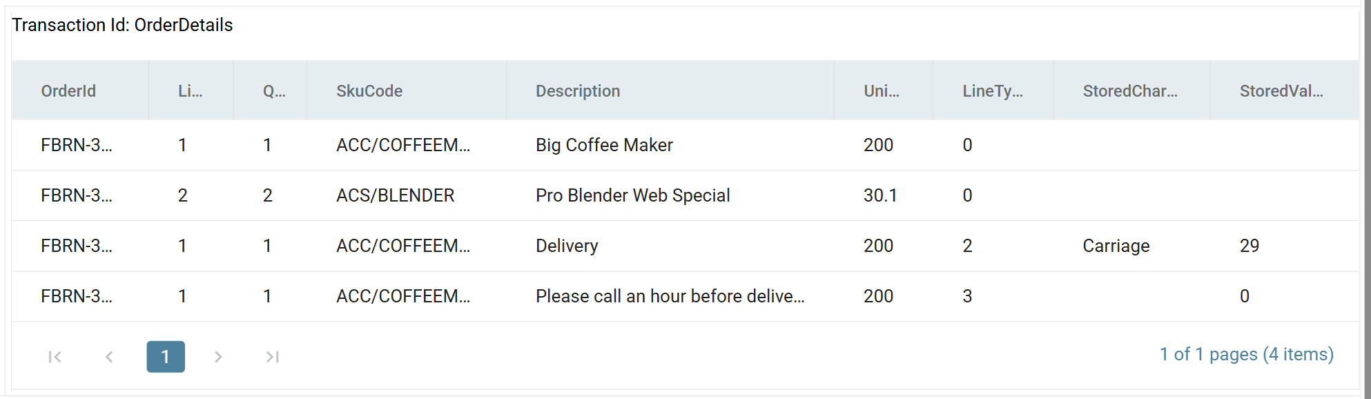 The expanded OrderDetails grid for the first order after filtering, showing two item lines, one Delivery charge and the comment line
