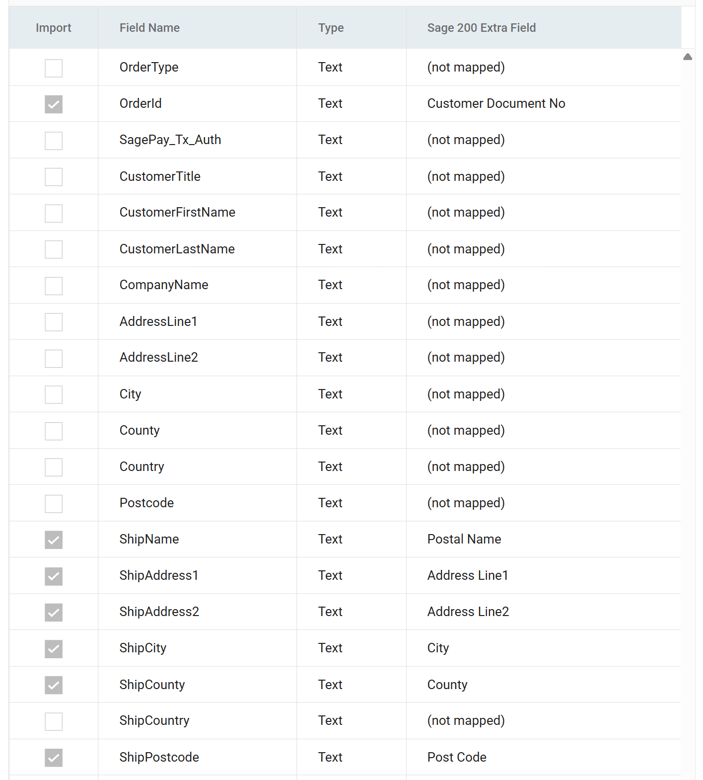 The middle of the field grid, showing the Ship address fields mapped to Postal Name, Address Line1, Address Line2, City, County and Post Code
