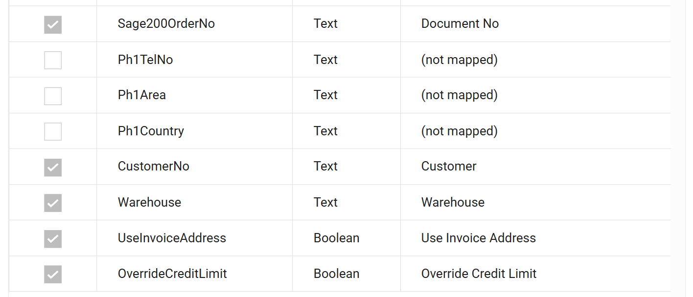 The end of the field grid, showing Sage200OrderNo mapped to Document No and CustomerNo, Warehouse, UseInvoiceAddress and OverrideCreditLimit mapped to their Sage 200 fields