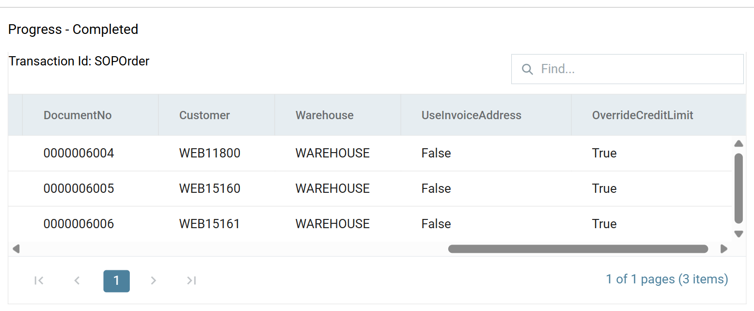 The connector preview reading Progress - Completed, with DocumentNo carrying a Sage 200 order number for each of the three orders and Customer carrying the account number