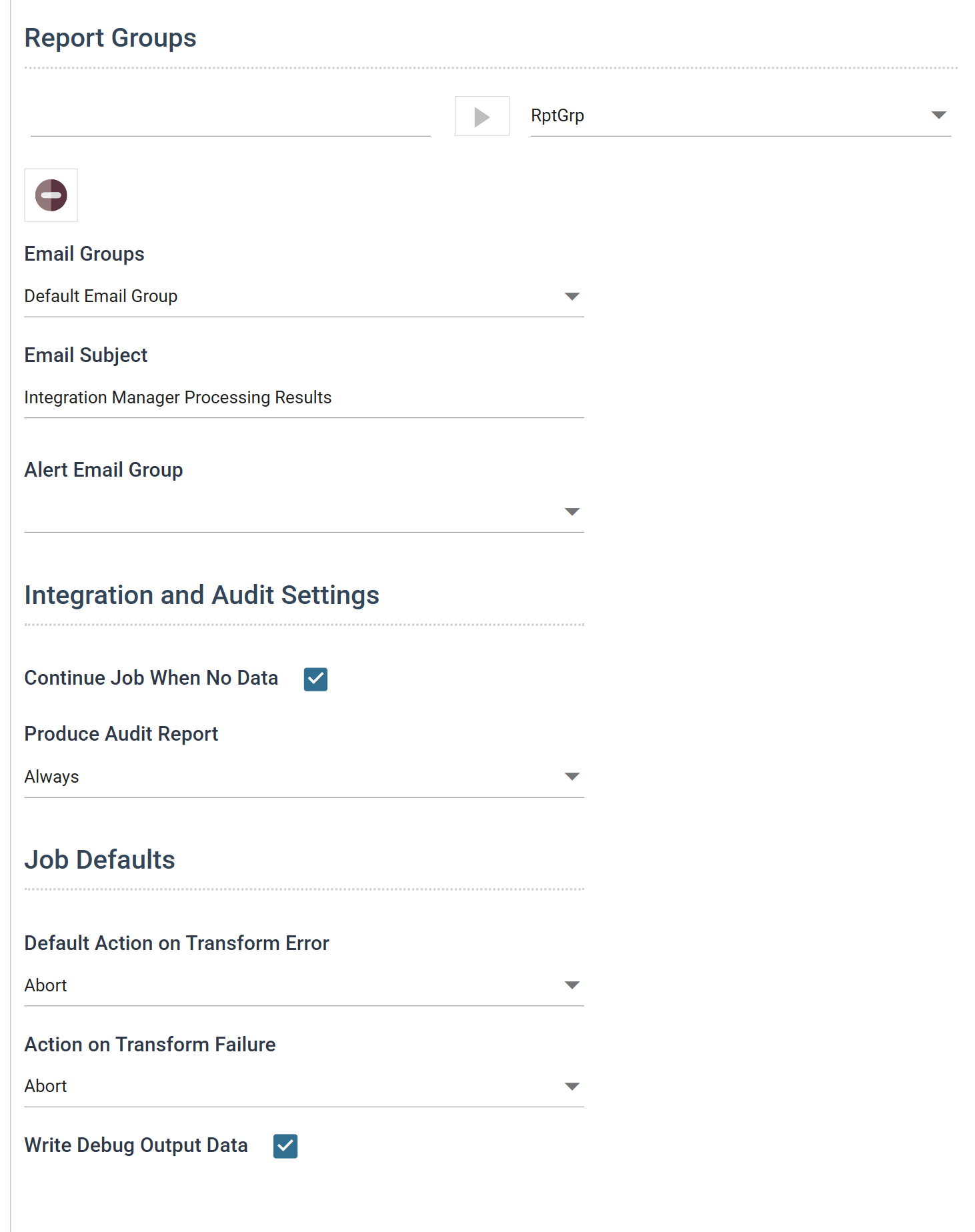 The integration's Audit tab showing the Report Groups panel with RptGrp, the Email Groups and Email Subject fields, Integration and Audit Settings with Produce Audit Report set to Always, and the Job Defaults section