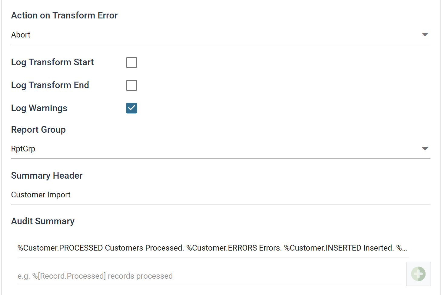 The customer connector's Audit tab with Summary Header set to Customer Import and the audit summary line entered beneath it