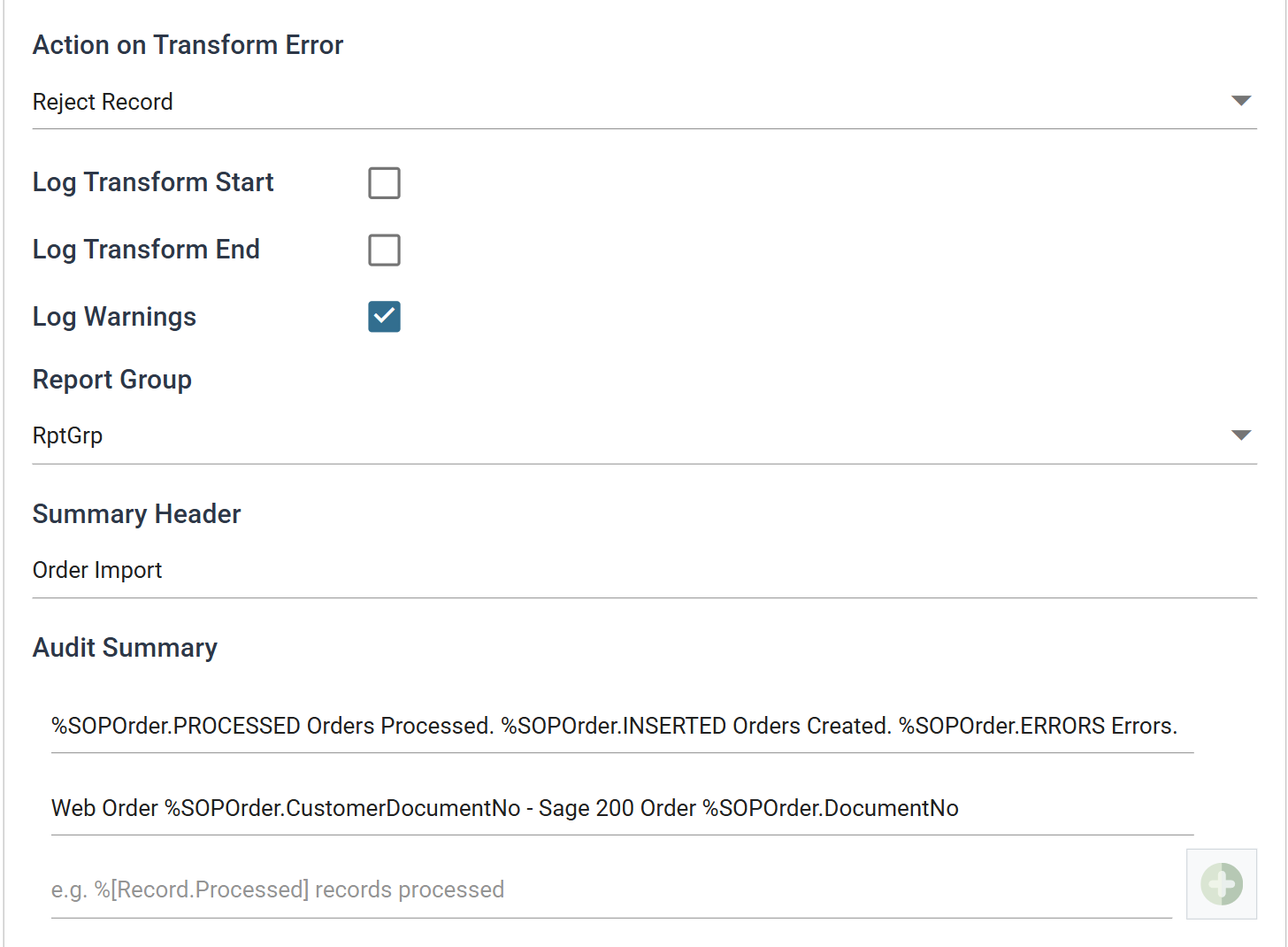 The order connector's Audit tab with Action on Transform Error set to Reject Record, Summary Header set to Order Import, and the two audit summary lines listed beneath it