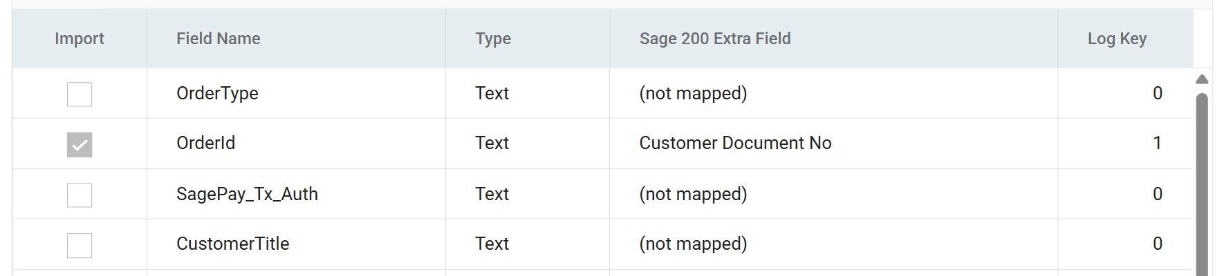 The order header field grid with the Log Key column at the right-hand end and OrderId set to 1