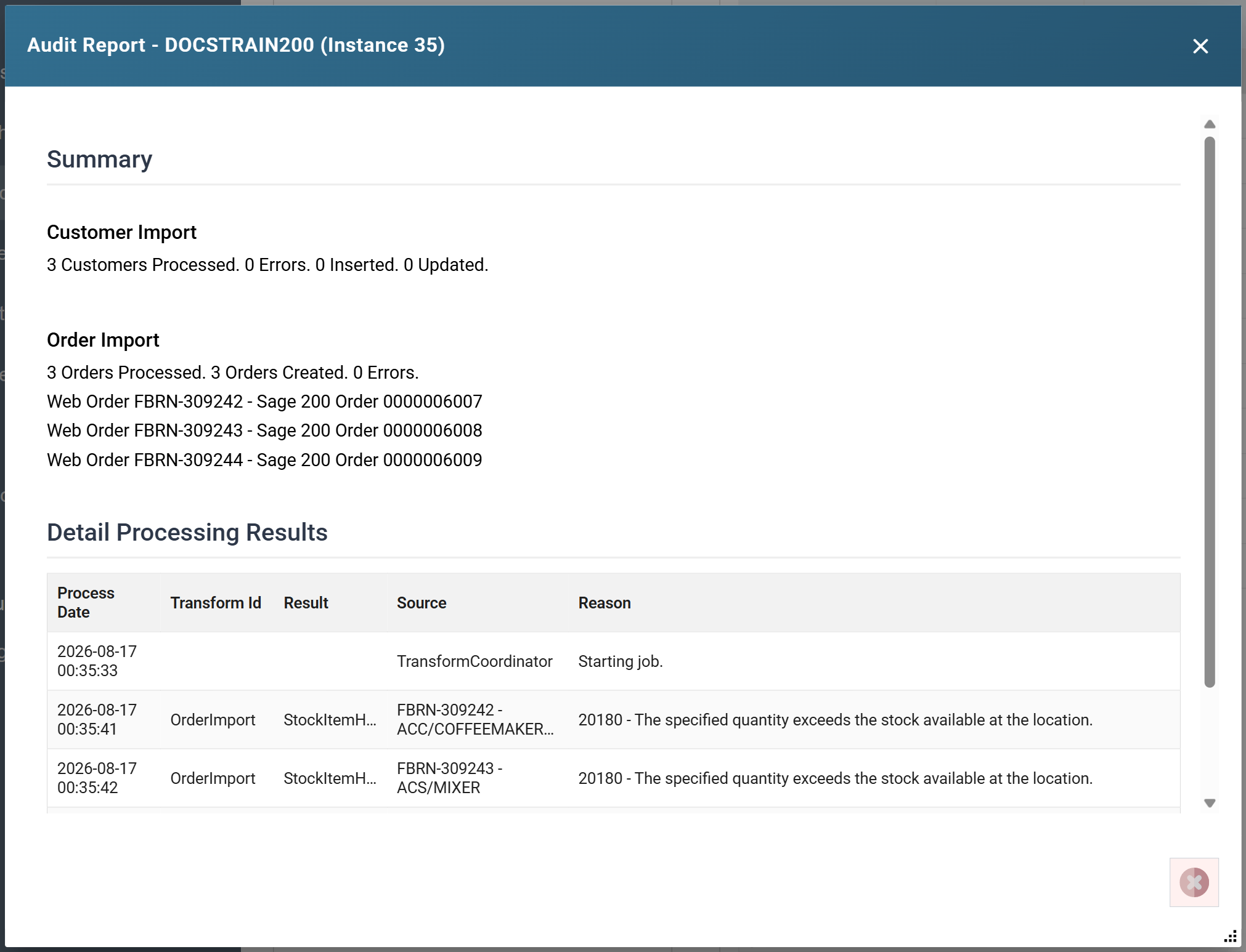The full audit report showing the Customer Import and Order Import summary sections together, the three web orders listed against the Sage 200 numbers they were given, and the Detail Processing Results table