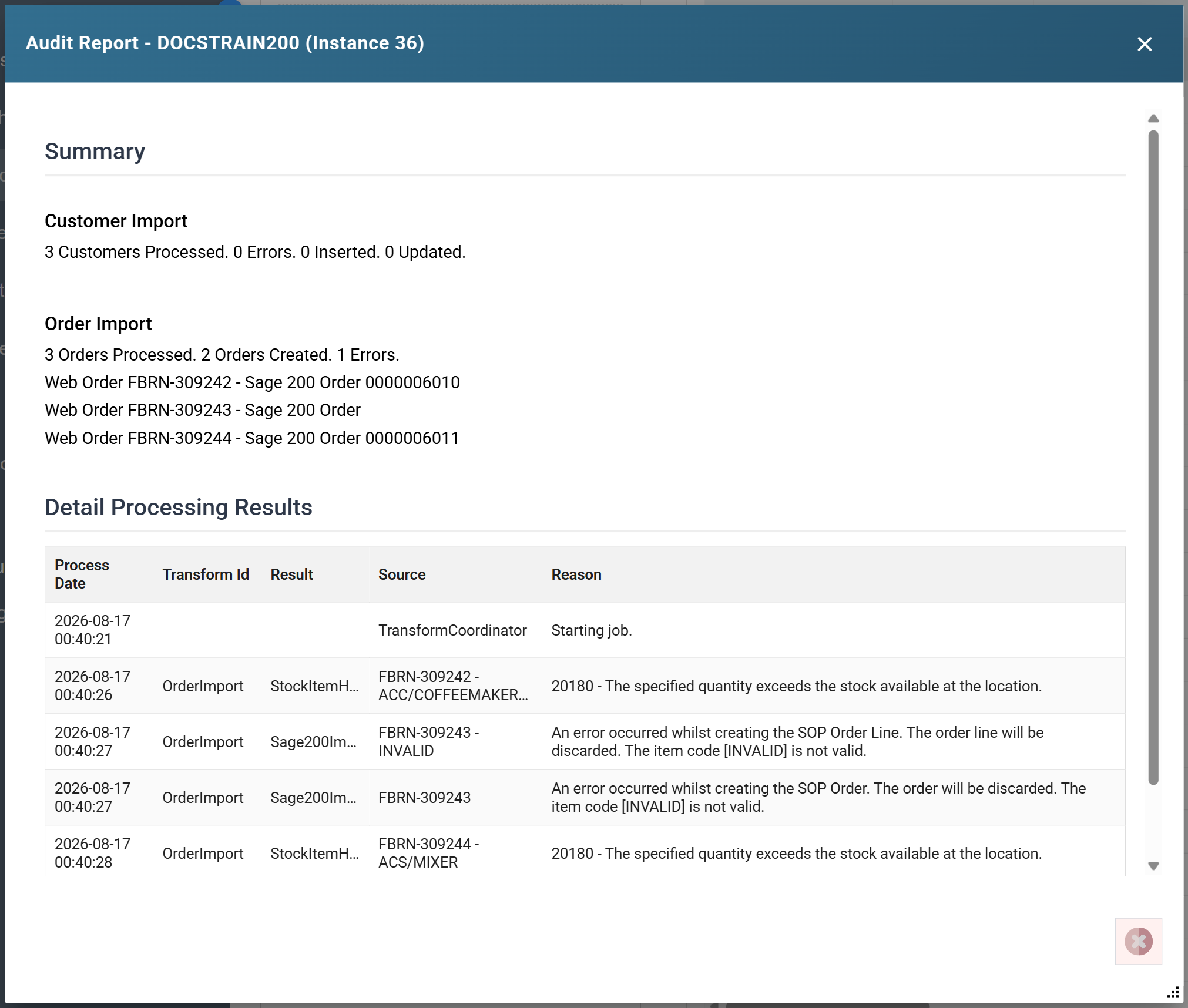The audit report for the run against the invalid workbook, reading 3 Orders Processed, 2 Orders Created, 1 Errors, with no Sage 200 order number beside FBRN-309243 and two rows in Detail Processing Results discarding first the order line and then the whole order