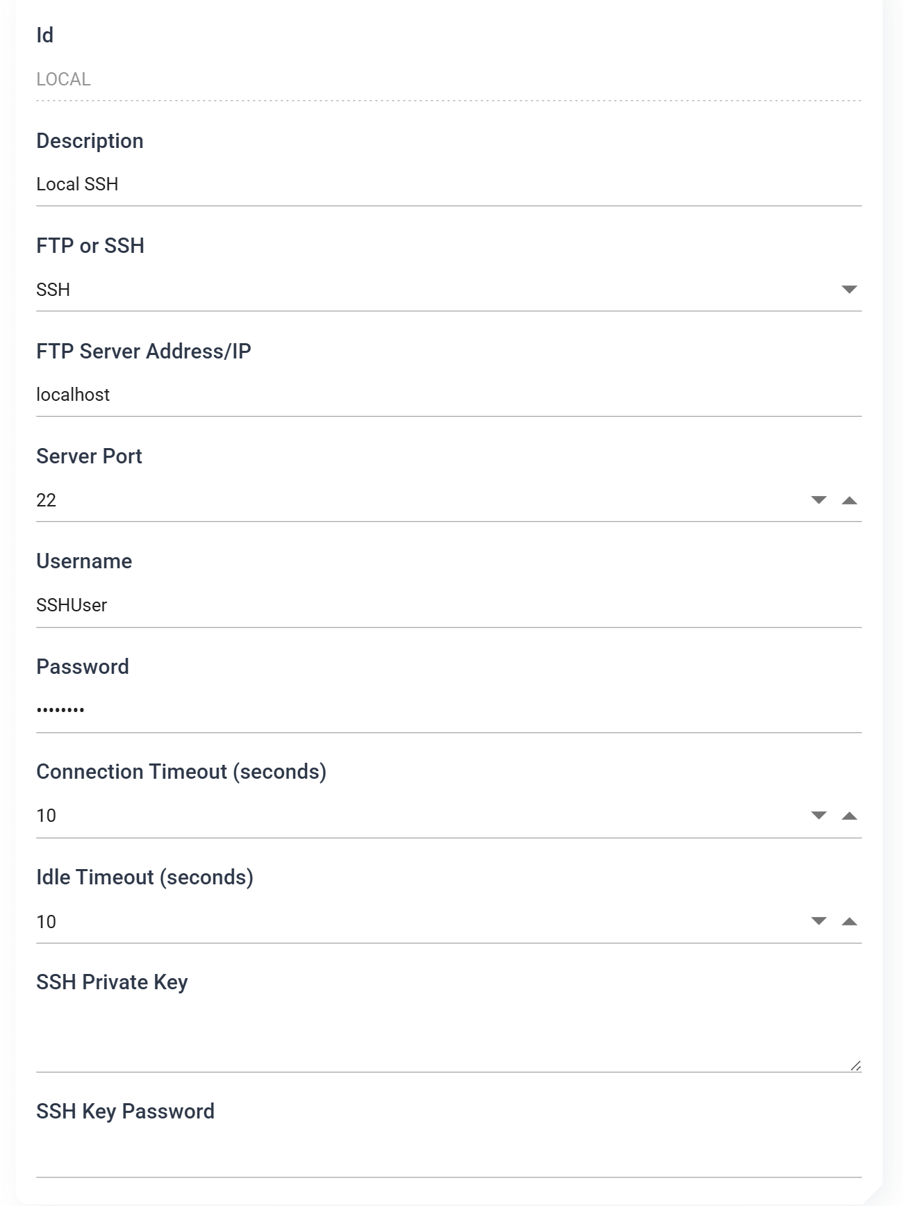 The FTP server record for LOCAL, with FTP or SSH set to SSH, the address localhost, port 22, the username SSHUser and a masked password