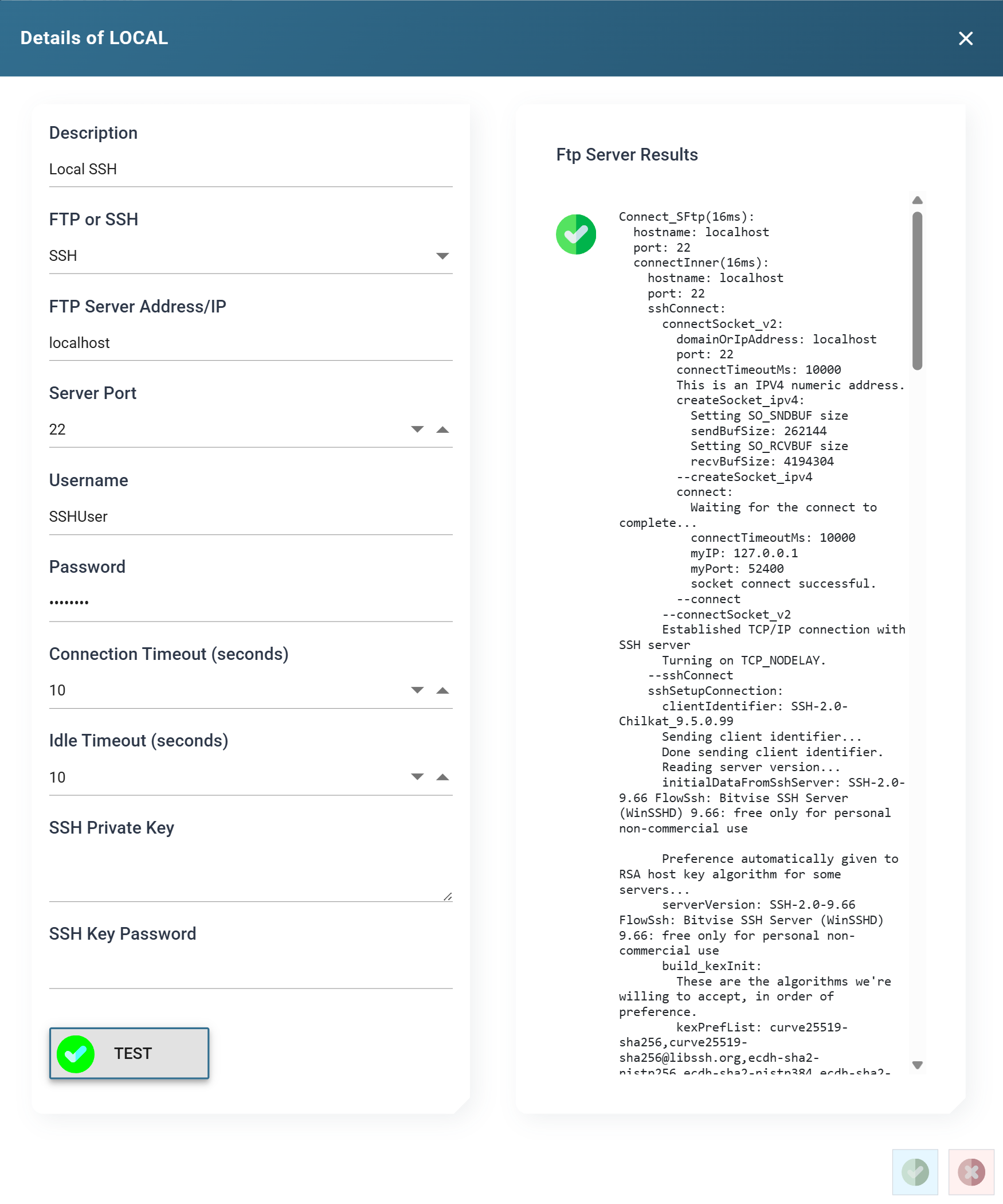 The Details of LOCAL dialog after pressing TEST, with a green tick on the TEST button, a green tick in the Ftp Server Results panel and the connection trace beside it