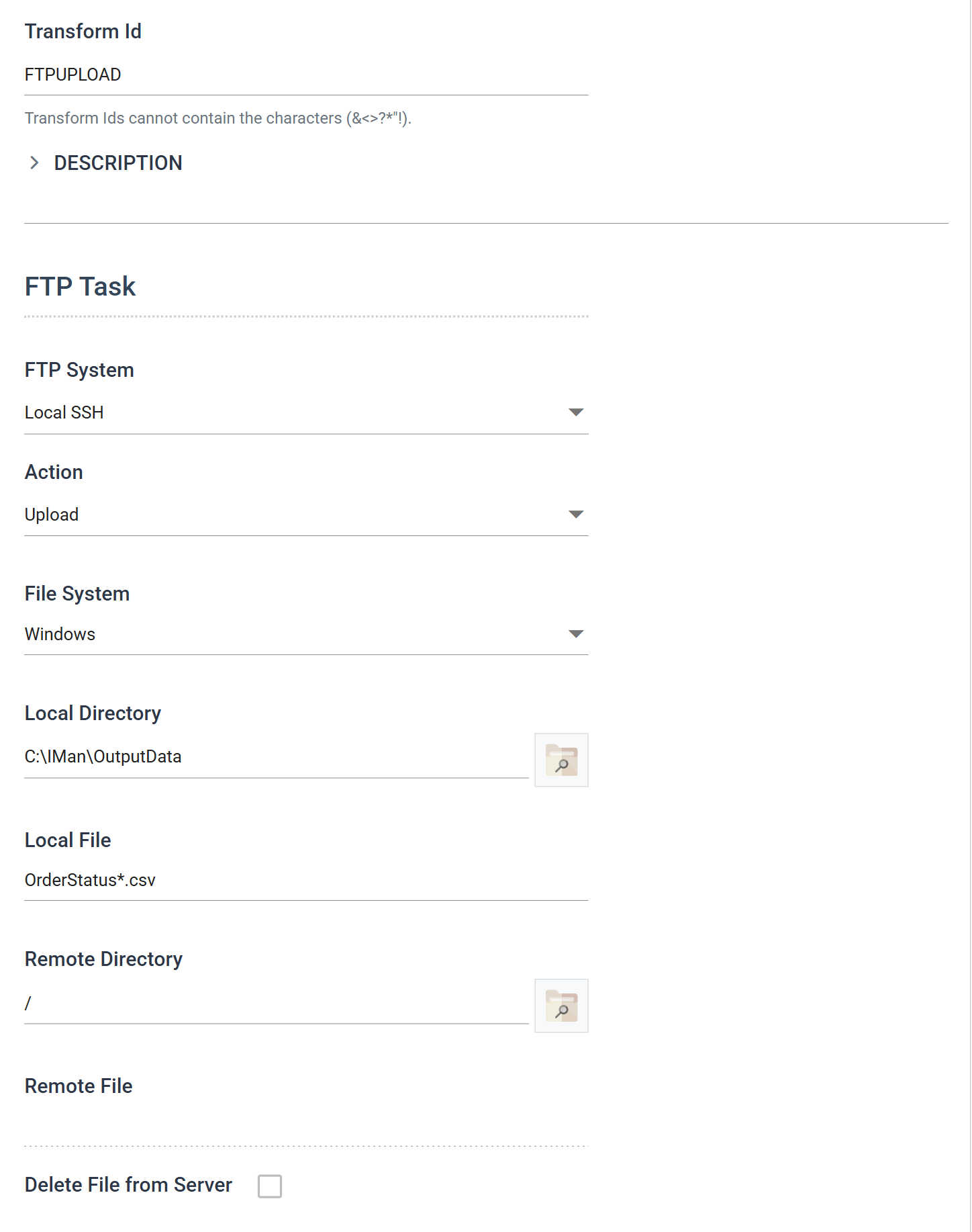 The FTP task's Setup tab with Transform Id FTPUPLOAD, FTP System Local SSH, Action Upload, the local folder and the OrderStatus wildcard filled in