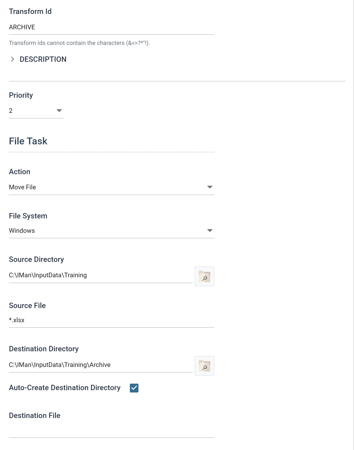 The File task's Setup tab with Transform Id ARCHIVE, Priority 2, Action Move File, the Training folder as source, the xlsx wildcard, and the Archive folder as destination with Auto-Create ticked