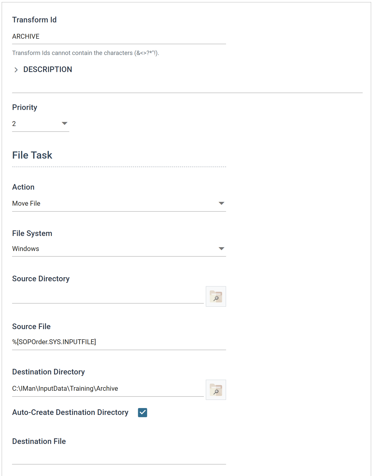 The File task's Setup tab with Source Directory empty and Source File set to the SOPOrder.SYS.INPUTFILE field reference