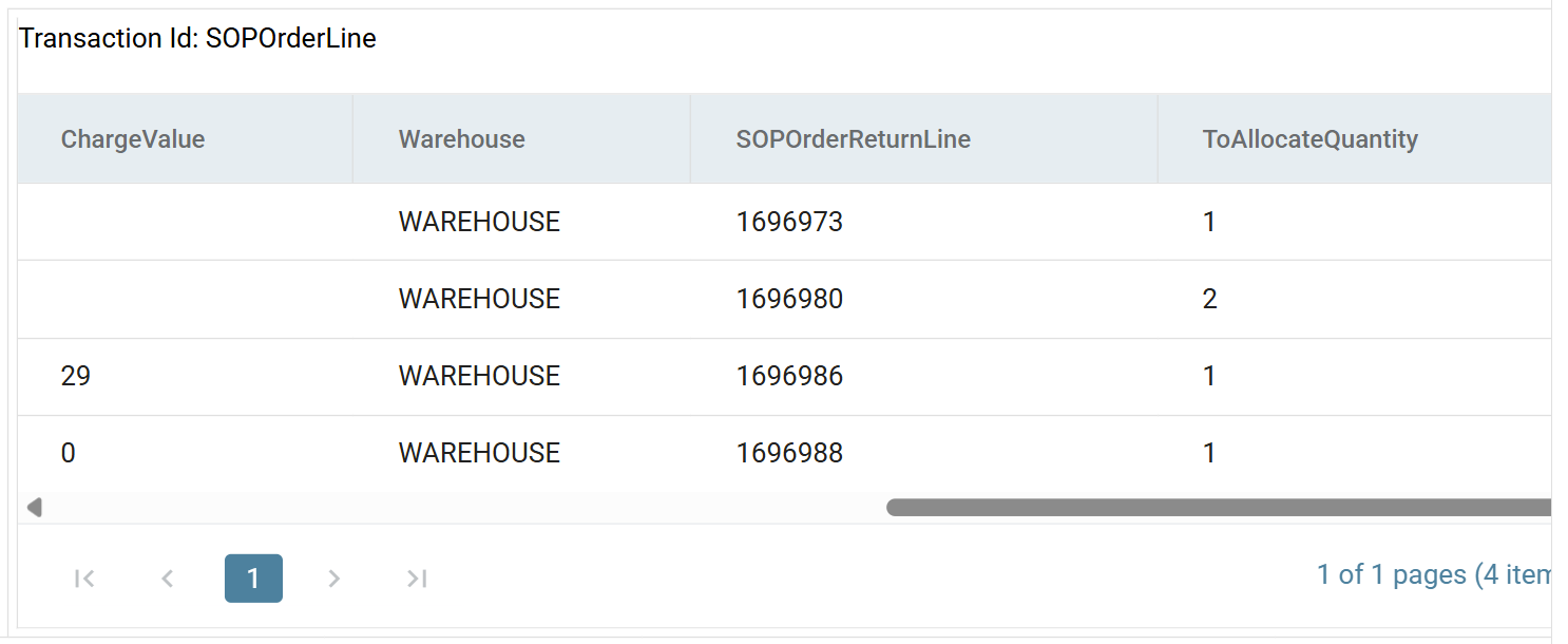 The order line preview showing SOPOrderReturnLine populated with a Sage 200 line id for every line, and ToAllocateQuantity matching each line's quantity