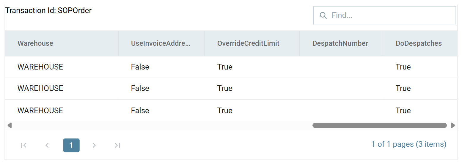 The POSTORDERMAP preview scrolled to its last columns, DespatchNumber empty and DoDespatches True on all three orders