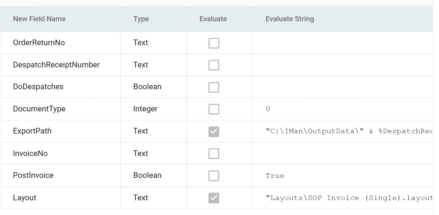 The INVOICEPREP field grid on SOPDespatchReceiptAdjustment, showing the three inherited despatch fields followed by DocumentType, ExportPath, InvoiceNo, PostInvoice and Layout